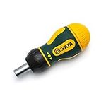 SATA 6-Piece Stubby Ratcheting Screwdriver Set with Three Ratcheting Settings and a Green and Yellow Storage Handle - ST09348