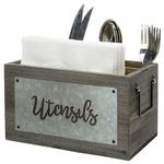 MyGift Vintage Dark Gray Wood and Galvanized Metal Utensil Holder Serving Caddy with Napkin Slot and Rustic Handles