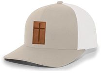 Christian Cross Leather Patch Mesh Back Trucker Hat Christian Mens Baseball Cap, Khaki/White, One size