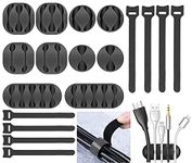 Bulfyss 18pcs Cord Cable Wire Holder Protector Organizer Accessories Self Adhesive Cable Straps Hook and Loop Cable Ties for Home, Office, Car, Desktop, Laptop, Computer (Black)