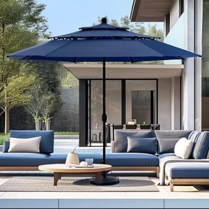 PHI VILLA 10ft Patio Umbrella Outdoor 3 Tier Vented Market Table Umbrella with 1.5" Aluminum Pole and 8 Sturdy Ribs, (Dark Blue)