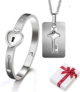 2 pièces bracelet jonc avec serrure et pendentif chaîne clé ensemble kit, bracelets cadenas et cles acier inoxydable,bijoux femmes hommes collier pour couple amoureux Paare partenaire amitié cadeau