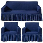 HOKIPO Frill Sofa Cover 5 Seater Elastic Stretchable Sofa Protector Slipcover, Navy Blue (AR-4646-J6*2 + AR-4648-J6)