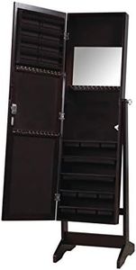 ViscoLogic Large Standing Jewelry Armoire Cabinet Storage Organizer with Full-Length Mirror and Door Compartments, Lockable, Dark Brown