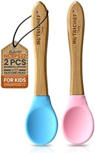 Nutrichef 2 Piece Baby & Toddler Spoon Set, All Natural Wooden Spoon Set w/Soft Curved Food Grade Silicone Head, Self-Feeding Utensils, BPA Free, Toddler & Child Tableware for ages 4 months- 6 years,Blue and Pink