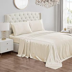 Juicy Couture King Size Satin Bed Sheet Set, Deep Pocket Silky Satin King Sheet Set with 1 Fitted Sheet, 1 Flat Sheet and 2 Pillow Case, Wrinkle Resistant and Anti Pilling Satin Bed Sheets - Ivory