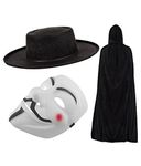 Edozos V for Vendetta Guy Fawkes Fancy Dress Costume Kit | Anonymous Hacker Mask + Black Hooded Cape + Hat for Adult Unisex Halloween Carnival Party Dress Accessory