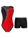 CHICTRY Kids Girls 2Pcs Dance Outfits Sleeveless Gymnastics Ballet Leotard with Active Shorts Set Tumbling Biketard Dancewear Red&Black 13-14 Years