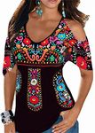 Melliflo Women Embroidered Cold Shoulder Tops Casual Peasant Blouses Summer Short Sleeve Mexican Shirts, Black Floral, Large