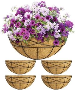 4 Pack 16 Inch Window Boxes Planters Railing Planter Box with Coco Liners Deck Railing Planter Boxes Balcony Hanging Flower Box Wall Mounted Half Round for Outdoor Plants Garden Decor