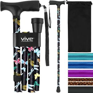 Vive Folding Cane - Foldable Walking Cane for Men, Women - Fold-up, Collapsible, Lightweight, Adjustable, Portable Hand Walking Stick - Balancing Mobility Aid - Sleek, Comfortable (Black Butterfly)