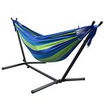 LIVINGbasics 9Ft Double Hammock with Space Saving Steel Stand for Travel Beach Yard Outdoor Camping (Blue)