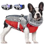 SlowTon Winter Dog Coats for Small Dogs, Dog Winter Jacket with Harness Built in Warm Thick Waterproof Windproof, Adjustable Reflective Small Dog Coat for Rain Snow Cold Weather (Red Grey,M)