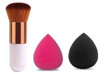 1 Round Foundation Makeup Brush, 2 Pieces Makeup Sponge Blender (Mini Foundation Brush With 2Pcs Blender Puff)