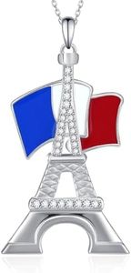 jiulegufa Paris Gifts Sterling Silver French Flag Eiffel Tower Necklace Eiffel Tower Paris Themed Decorations for Women Girls, Sterling Silver, Cubic Zirconia