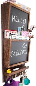 Rustic 2-Slot Mail Sorter Organizer for Wall with Chalkboard Surface & 3 Double Key Hooks - Wooden Wall Mount Mail Holder Organizer – Wall Décor for Entryway Made of Paulownia Wood - Torched Brown
