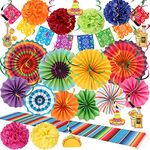 26 PCs Mexican Party Decorations Fiesta Themed, Hanging Paper Fans, Hanging Swirls, Pom Poms Flowers, Picado Banner for cinco de mayo decorations, Birthday Parties Wedding Baby Shower Décorrations Set