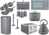 Tower Cavaletto Complete Kitchen Set of 16 in Grey - Pyramid Kettle, 4 Slice Toaster, Microwave, 3.5L Slow Cooker, Bread Bin, 3 Canisters, Mug Tree, Towel Pole, 5 Piece Pan Set & 58L Sensor Bin