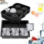 Silicone Ice Cube Trays - Large Ice Cube Moulds - Ice Ball Maker with Funnel - BPA Free Reusable Black Sphere Round Ice Cube Mould - Large Square Moulds for Cocktail, Whiskey (Set 2 Black)