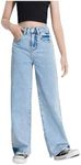 WDIRARA Girl's High Waisted Straight Leg Button Jeans Casual Pocket Denim Pants Light Wash 130