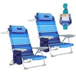 #WEJOY Folding Beach Chair for Adults, 4-Position Aluminum Lightweight Beach Chair, Low Beach Chairs with Shoulder Strap, Cup Holder and Headrest, Supports 265lbs for Beach Lawn (Blue Strips 2 Pack)