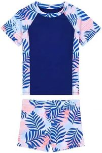 Tziharora Girls Short Sleeve Swimsuits Size 7-8 Years Old Dark Blue Leaves Print Bathing Suits UV 50+ Summer Swim Wear