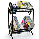 SAYONEYES Matte Black Vinyl Record Storage - Two Tier Metal Record Holder 160-200 LP – Retro Style Vinyl Display Rack Quick Assembly - Organizer for Albums, Books, Magazine, Files