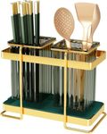 MANIYA Kitchen Utensil Caddy, Plastic Draining Chopstick Cage Silverware Caddy for Party, Utensil Holder Flatware Caddy Cutlery Storage Organizer for Kitchen Decor and Countertop, Gold & Green