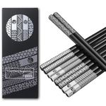 Metal Chopsticks Reusable 18/8 Stainless Steel Chopsticks Laser Engraved Premium Titanium Chop Sticks Dishwasher Safe Lightweight Japanese Korean Chopsticks 5 Pairs Gift Set(Black)