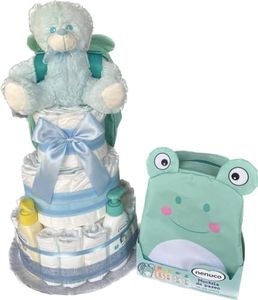 Tarta de pañales DODOT y Neceser NENUCO 3 pisos niño - Regalo original para recién nacido