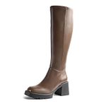 Cusolemore Women Platform Brown Knee High Boots with Chunky Heel, Square Toe Fashion Tall Boots with Lug Sole and Side Zipper Size 7