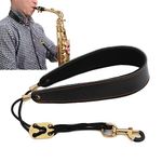 JIAMIAN Universal Black Genuine Leather Sax Neck Strap, Premium Saxophone Strap, With Comfortable Padded Lining Adjustable Buckle, Metal Hook, For Any Saxophonist