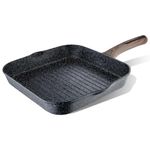 BERGNER Ultimate Cast NonStick 28 cm Grill Pan/Griddle, for Low Oil Tikkas/Kebabs/Sandwiches/Stovetop Babeque, Wood Finish Handle, Granite Finish, Induction & Gas Ready, 2-Year Warranty