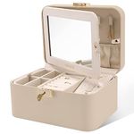 KAMIER Jewelry Box for Women, 2-Layer PU Leather Jewelry Organizer, Large Capacity with Double Lock, Large Mirror, Hidden Necklace Hooks, Removable Dividers, Gift Box Packaging, Beige