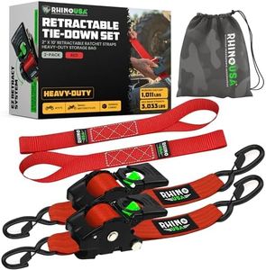 Rhino USA Retractable Ratchet Straps (Set of 2) - 50mm x 3m (3lb Break Strength) - Heavy Duty Automatic Tie Down Straps for Truck, Trailer, Motorcycle, Bike & More - Red