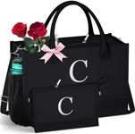 QLOVEA Tote Bag for Women - Crossbody Canvas Bag Casual Tote with Cosmetic Bag, Shoulder Handbag for Work Nurse Travel Gym, Birthday Gifts for Women Mom Grandma Teacher Friend Letter C