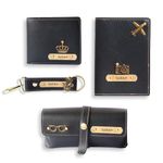 Thebaegift Personalised All in One Men's Combo Gift (4 pcs) Customized Leather Wallets, Key Chain, Eyewear Case and Passport Cover with Name | Best Gift for Brother, Husband, Boyfriend, Father (Black)