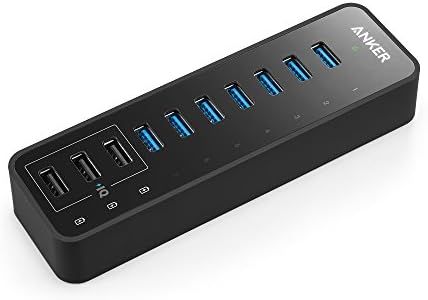 Hub USB 10 Puertos, Anker, con 7 Puertos de Hub USB 3.0, 60W, 3 Puertos de Carga rápida PowerIQ para iPhone, iPad, Samsung, Motorola, HTC y más