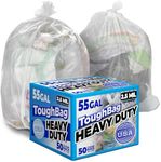 ToughBag 55 Gallon Trash Bags, Heavy-Duty 2.5 Mil Contractor Bags, Large 55-60 Gallon Trash Can Liner, Recycling, 38 x 58" (50 COUNT/CLEAR) - Outdoor, Construction, Industrial, Lawn - Made in USA