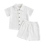 BemeUSWT Toddler Baby Boy Clothes Set 6 12 18 24 Months 2T 3T 4T Cotton Linen Solid Color Short Sleeve Button Down T-Shirt Tops and Shorts 2 Piece Summer Outfit Set (A-White,18-24 Months)