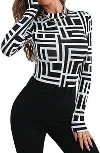 Floerns Women's Mock Turtleneck Long Sleeve Slim Fit Stretch Striped T-Shirts Tunic Tops Fall Fashion Trendy Outfits Clothes Black Geo M