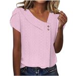 Women's Tops Eyelet 2024 Vacation Trendy Boho Shirts V Neck Button Down Blouses Loose Comfy Short Sleeve Tunic Pink