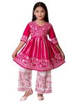 NEW JON Girl's Embroidered Cottom Kurti & Palazzo Set (Pink, Size: 6-7 Years)