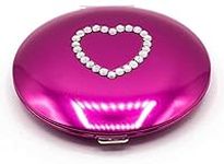 Deep Pink With White Rhinestone Heart Folding Compact Pocket Makeup Mirror Double Sided (5x magnification + 1x magnification)