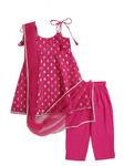 The Magic Wand Chanderi Anarkali Style Short Kurti Set for Kids Girls, Foil Print Frock Kurta Pant With Dupatta Dress, Sleevesless Kurti Embelished Suit Salwar, Fushcia, 5-6 Year