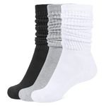 Closemate Womens Slouch Calf Socks 3 Pairs Soft Extra Long Scrunch Knee High Stacked Socks Cushioned Teen Girls Socks for Boot(1Black 1White 1Grey)