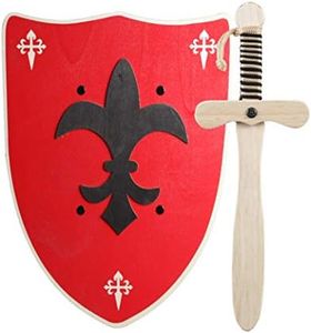 Espada y Escudo de Caballero de Madera Artesanales - Juguete para Niños y Niñas - Complemento para Juegos, Juegos Imitación, Disfraz, Medieval, Guerrero, Fiesta Temática, Edad Media (Escudo Rojo)