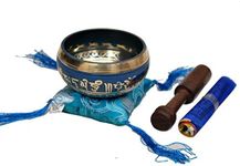 Tibetan Singing Bowl Set By Dharma Store - With Traditional Design Tibetan Buddhist Prayer Flag - Handmade in Nepal (Blue)