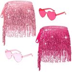 2 PCS Sequin Fringe Skirt Belly Dance Hip Scarf Sparkly Tassel Skirt Party Concert Outfit for Women with Heart Sunglasses, Pink, Hot Pink, 32 Short