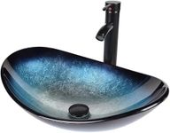 Puluomis Bathroom Vessel Sink, Oval Bowl Blue Tempered Glass Sink, 21"x13" Countertop Boat Shape Bathroom Vessel Sink with Faucet, Pop-up Drain, Blue